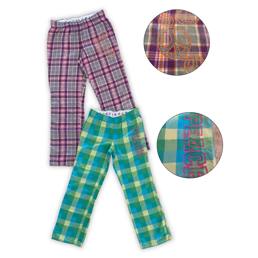 Girls Plaid Pajama Pants 2-Piece Bundle Peace Sign Size M 10/12 100% Cotton